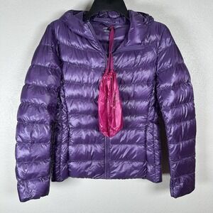 Uniqlo Ultra Light Down Puffer Jacket Womens Medium Purple Hooded Coat Packable